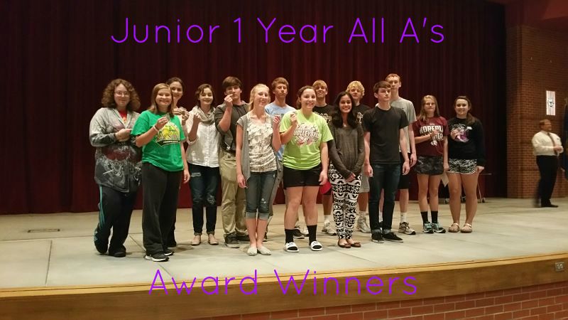 Junior 1 Year All A's Award Winners
